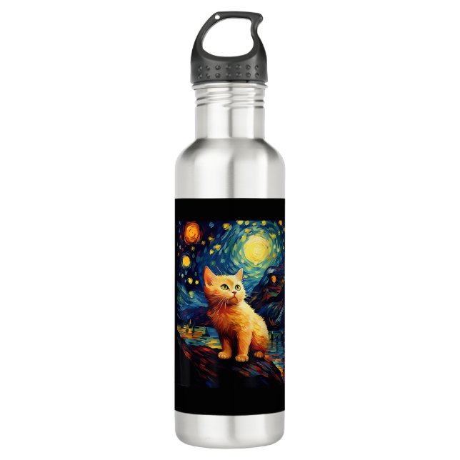 Surreal Starry Night Munchkin Cat Stainless Steel Water Bottle (Front)