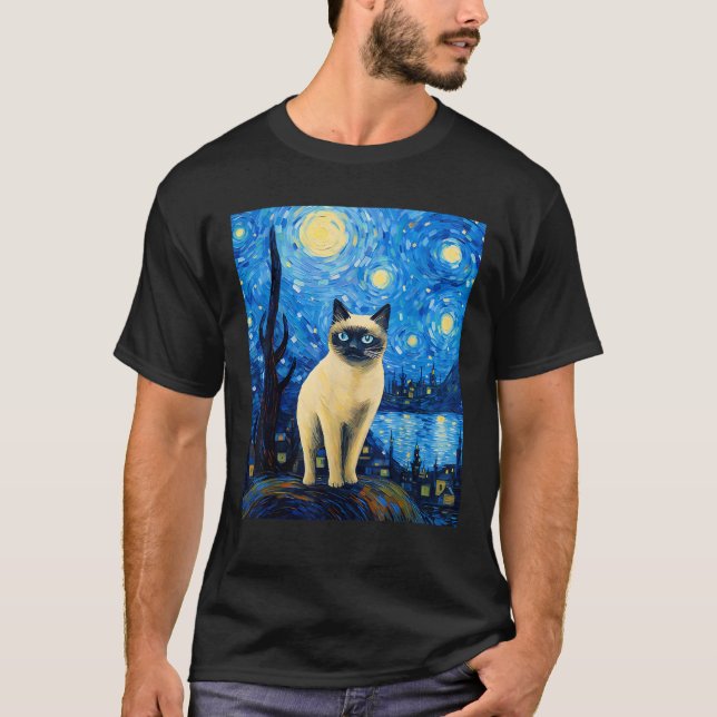 Surreal Starry Night Siamese Cat T Shirt (Front)