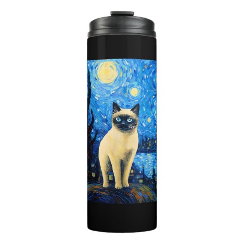 Surreal Starry Night Siamese Cat Thermal Tumbler