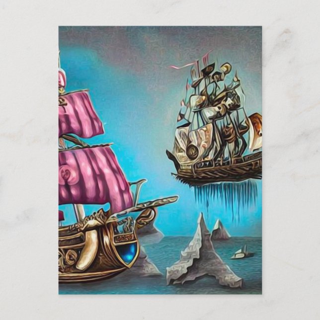 Surreal Steampunk Floating Ship & Pink Sails Postcard (Front)