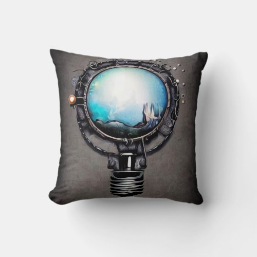 Surreal Steampunk Porthole Lightbulb Throw Pillow
