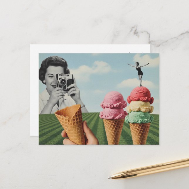 Surreal Summertime Collage Icecream Balance Postcard (Front/Back In Situ)