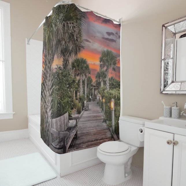 Surreal Sunset Beach Boardwalk Shower Curtain (In Situ)