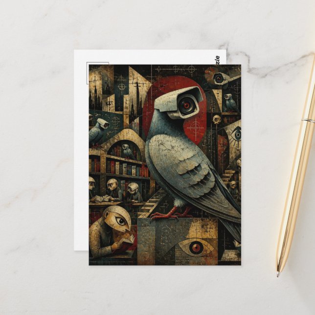 surreal surveillance camera pigeons in the library postcard (Front/Back In Situ)