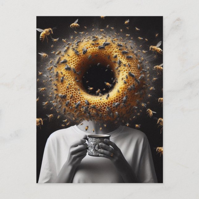 Surreal Tea Time Bees Honeycomb Black Hole Head Postcard (Front)