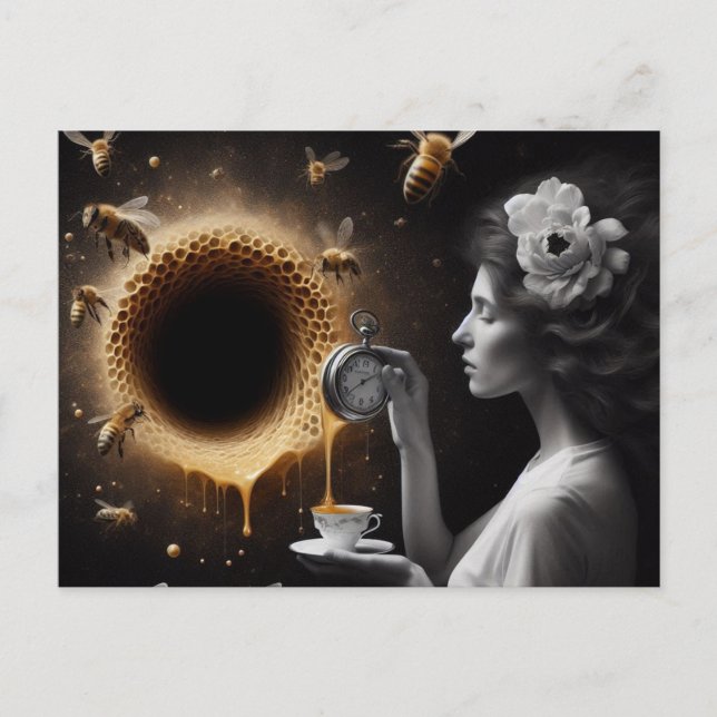 Surreal Tea Time Bees Honeycomb Black Hole Honey Postcard (Front)