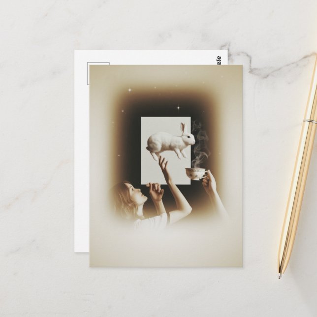 Surreal Tea With the White Bunny Postcard (Front/Back In Situ)