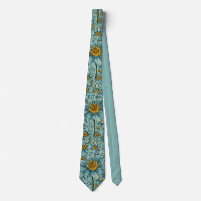 Surreal Teal Sunflowers Yellow Pale Blue Neck Tie (Front)