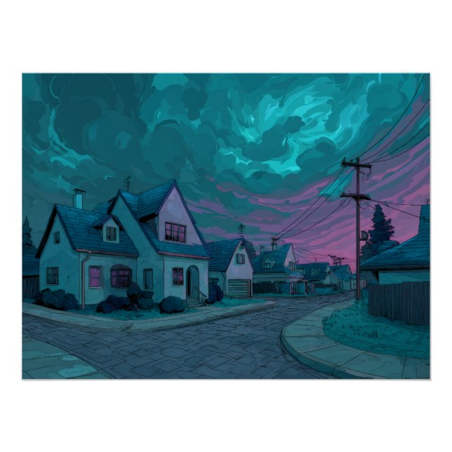 Surreal Teal Twilight Suburb Scene Poster (Front)