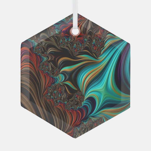 Surreal Teal Twist Fractal Double Helix 3-D Effect Glass Ornament (Front)