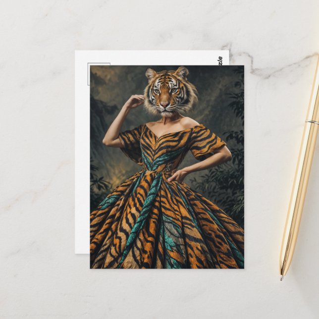 Surreal Tiger in a Dress Fantasy Fashion Postcard (Front/Back In Situ)