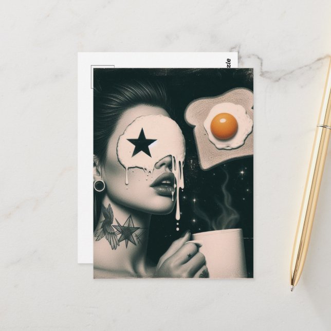 Surreal Toast, Eggs, and Coffee woman  Postcard (Front/Back In Situ)