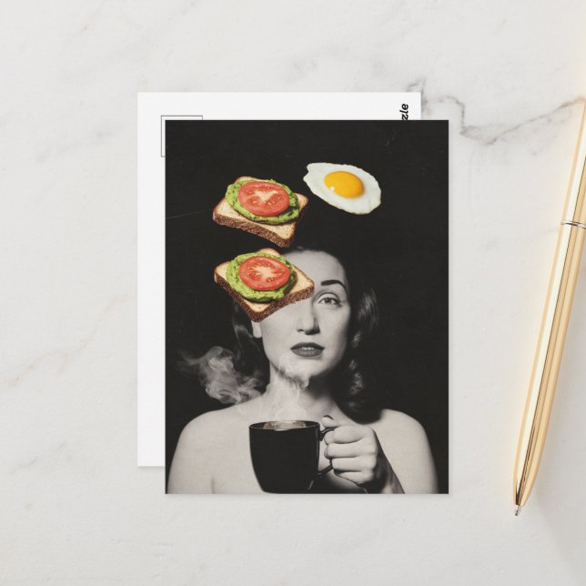 Surreal Toast with an Egg Woman With Coffee Postcard (Front/Back In Situ)