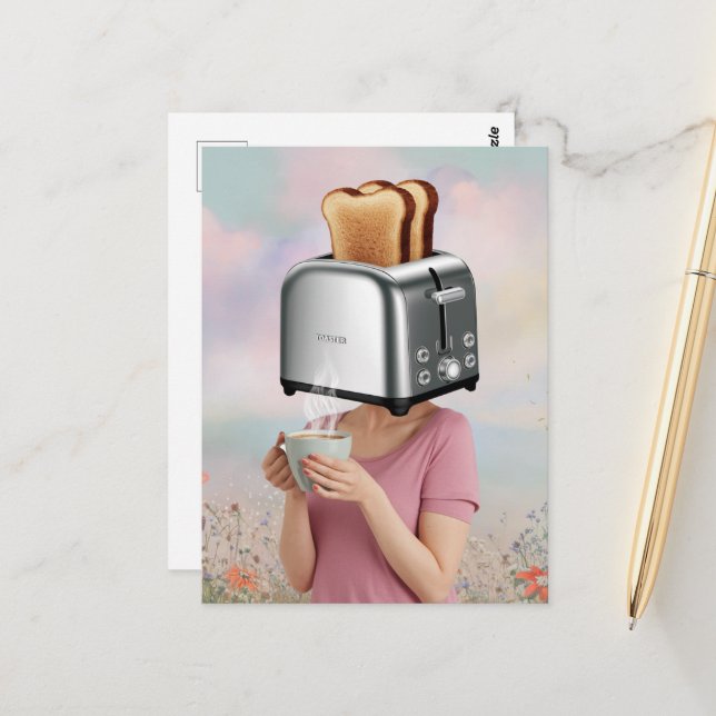 Surreal Toaster Head Breakfast Woman Holds Coffee Postcard (Front/Back In Situ)