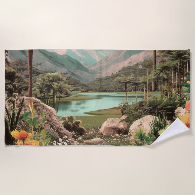 Surreal Tropical Lake With Palm Trees Beach Towel (Front)
