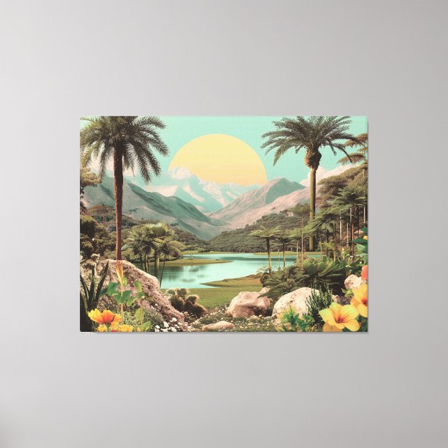 Surreal Tropical Lake With Palm Trees Canvas Print (Front)