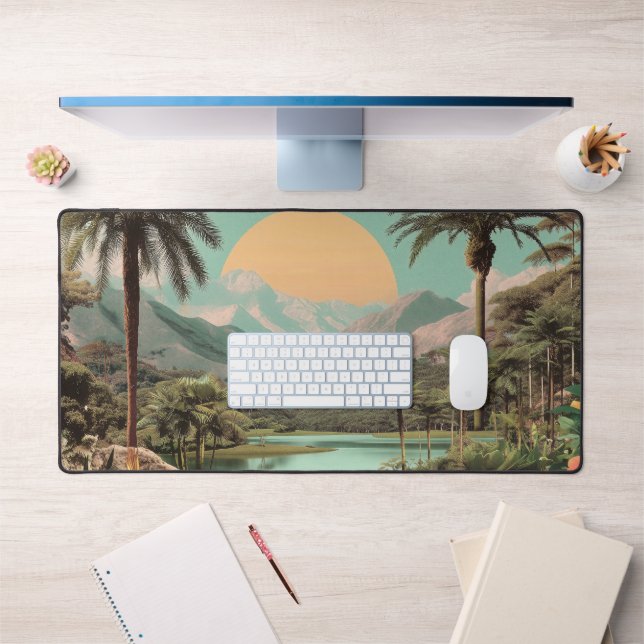 Surreal Tropical Lake With Palm Trees Desk Mat (Office 1)