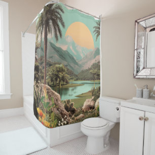 Surreal Tropical Lake With Palm Trees Shower Curtain