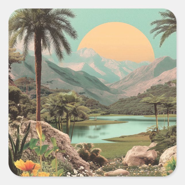 Surreal Tropical Lake With Palm Trees Square Sticker (Front)