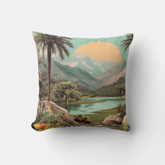Surreal Tropical Lake With Palm Trees Throw Pillow (Front)