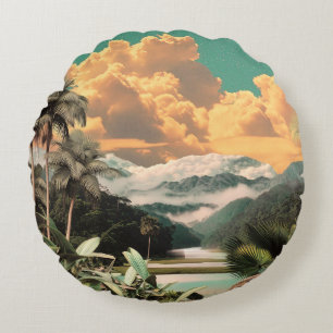 Surreal Tropical Valley With Palm Trees Round Pillow