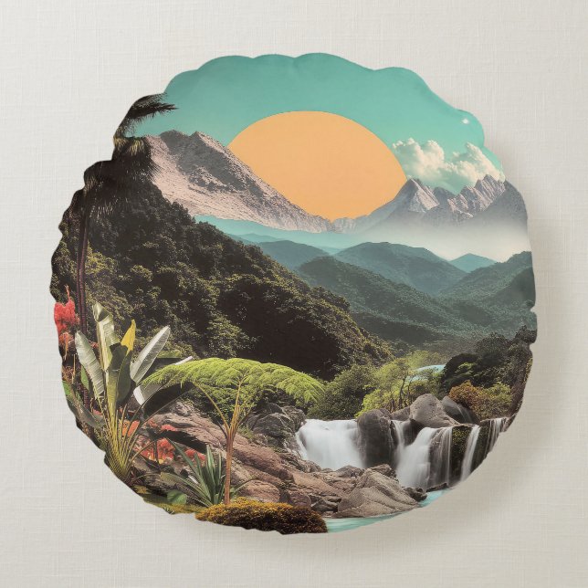 Surreal Tropical Valley With Waterfalls Round Pillow (Front)