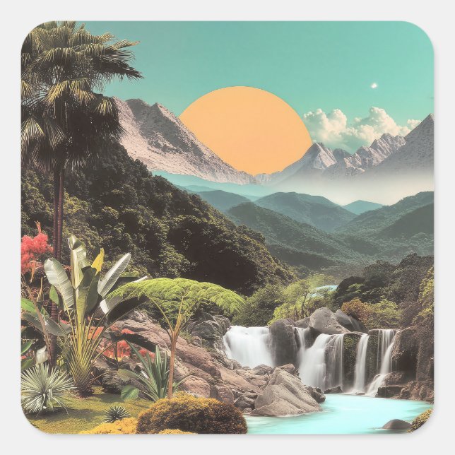Surreal Tropical Valley With Waterfalls Square Sticker (Front)