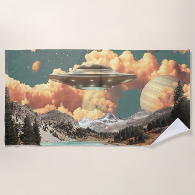 Surreal UFO Above Mountain Lake with Planets Beach Towel (Front)