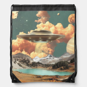 Surreal UFO Above Mountain Lake with Planets Drawstring Bag