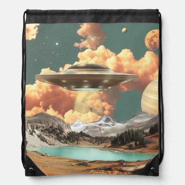 Surreal UFO Above Mountain Lake with Planets Drawstring Bag (Front)