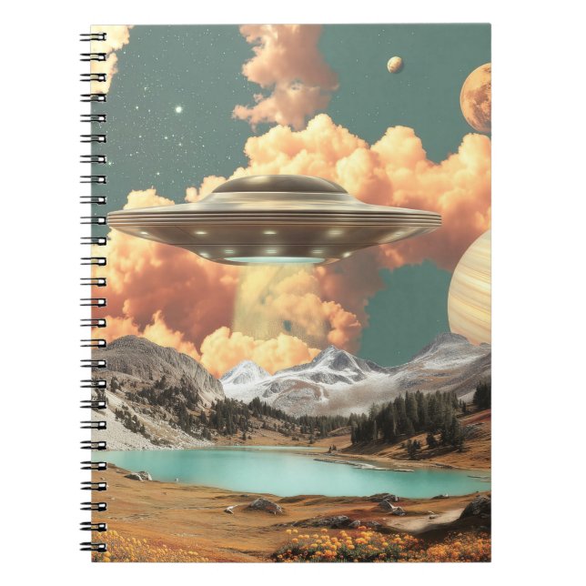 Surreal UFO Above Mountain Lake with Planets Notebook (Front)