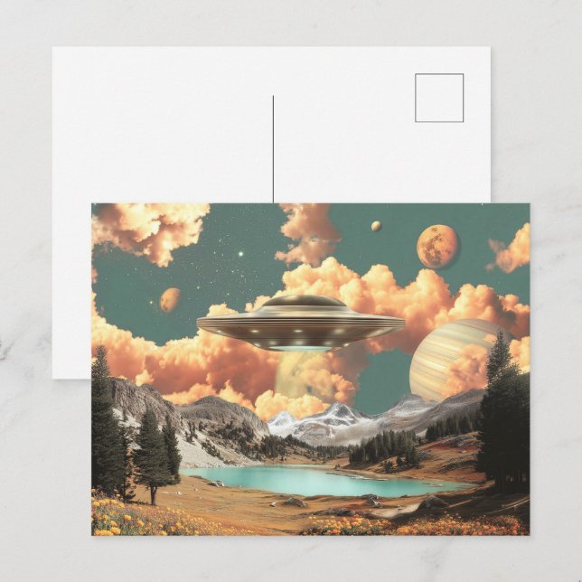 Surreal UFO Above Mountain Lake with Planets Postcard (Front/Back)