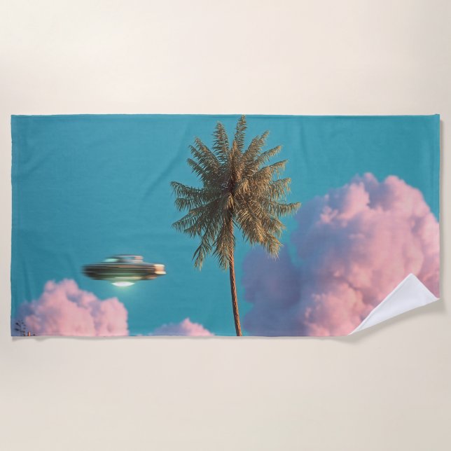 Surreal UFO and Palm Tree Mountain Scene Beach Towel (Front)