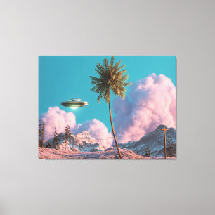 Surreal UFO and Palm Tree Mountain Scene Canvas Print