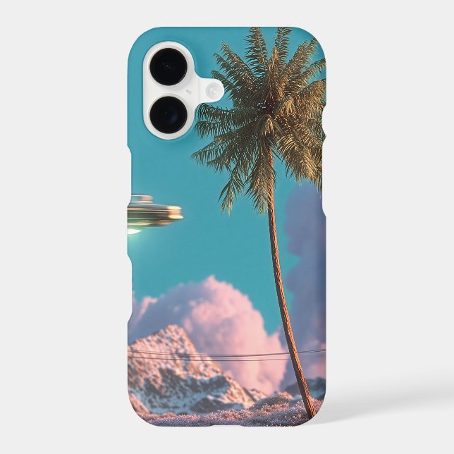 Surreal UFO and Palm Tree Mountain Scene iPhone Case (Back)