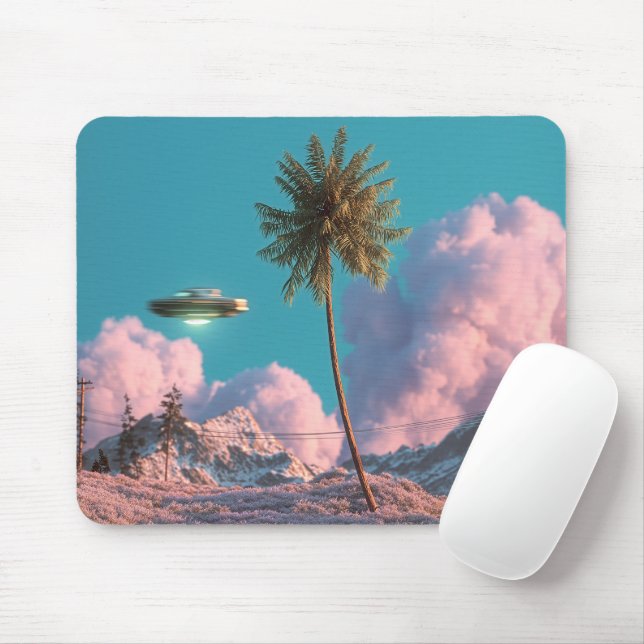 Surreal UFO and Palm Tree Mountain Scene Mouse Pad (With Mouse)