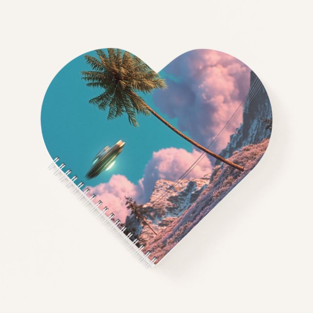 Surreal UFO and Palm Tree Mountain Scene Notebook (Front)