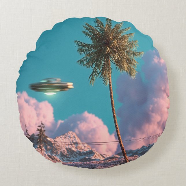 Surreal UFO and Palm Tree Mountain Scene Round Pillow (Front)