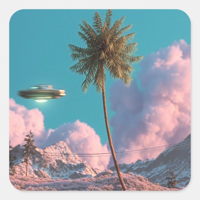 Surreal UFO and Palm Tree Mountain Scene Square Sticker (Front)