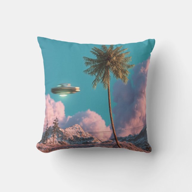 Surreal UFO and Palm Tree Mountain Scene Throw Pillow (Front)