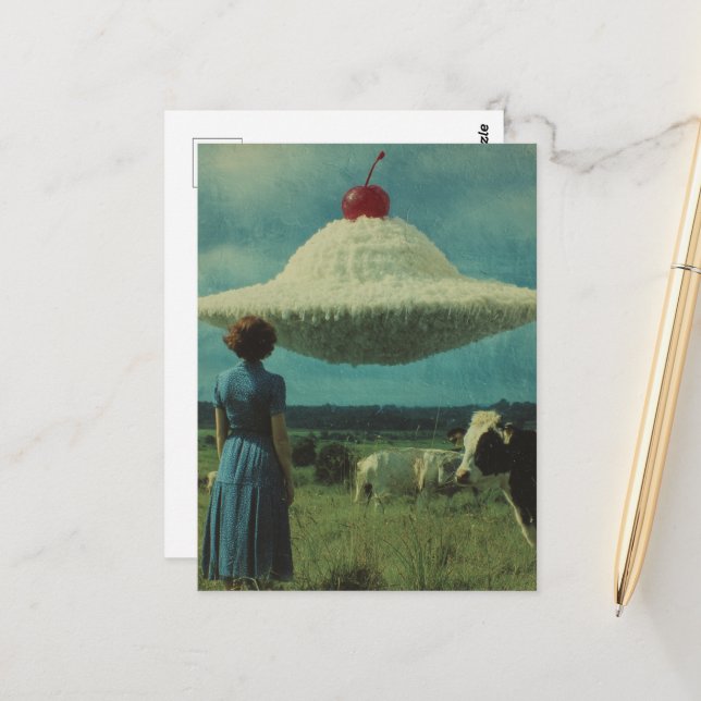 Surreal Ufo in a Dairy Pasture Postcard (Front/Back In Situ)