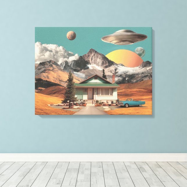 Surreal UFO Over Rustic House Canvas Print (Insitu(Wood Floor))