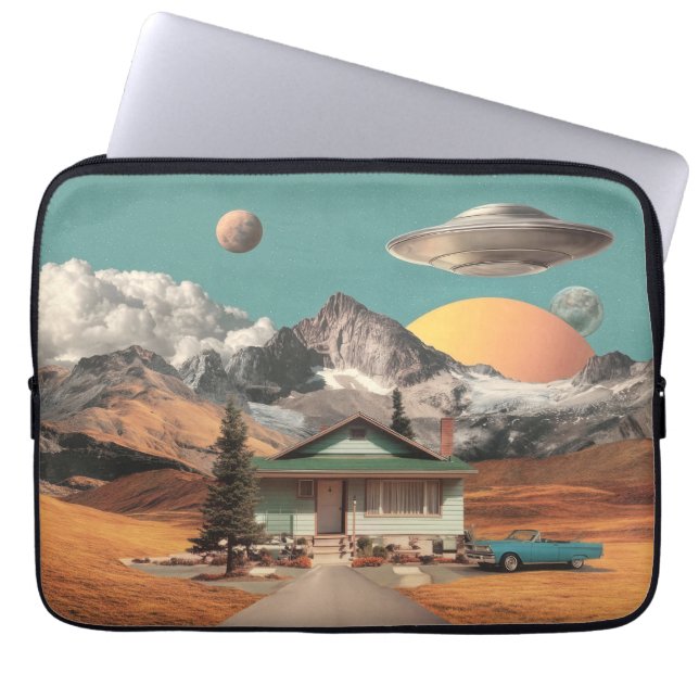 Surreal UFO Over Rustic House Laptop Sleeve (Front)