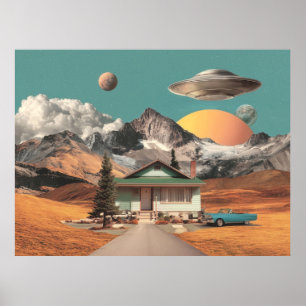 Surreal UFO Over Rustic House Poster