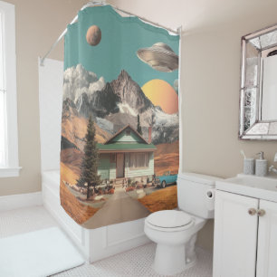 Surreal UFO Over Rustic House Shower Curtain