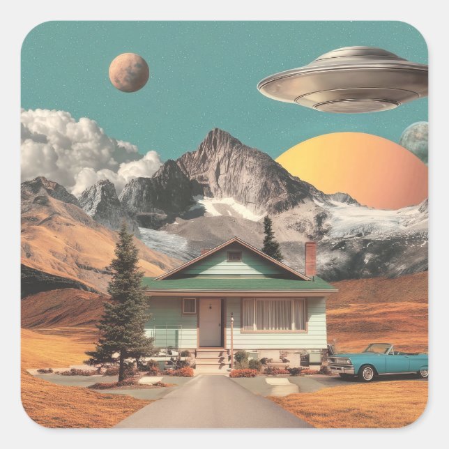Surreal UFO Over Rustic House Square Sticker (Front)