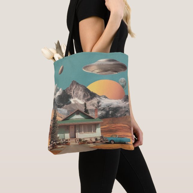 Surreal UFO Over Rustic House Tote Bag (Close Up)