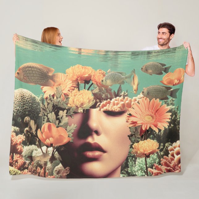 Surreal Underwater Portrait With Coral Flowers Fleece Blanket (In Situ)