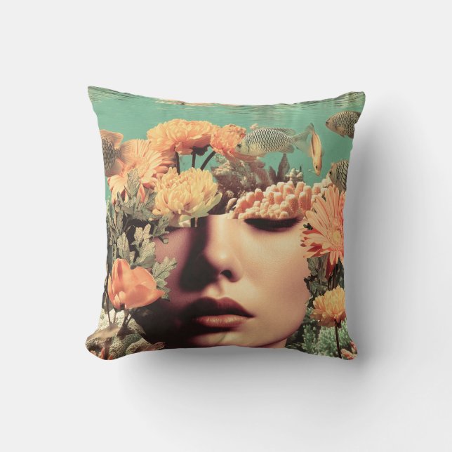 Surreal Underwater Portrait With Coral Flowers Throw Pillow (Front)
