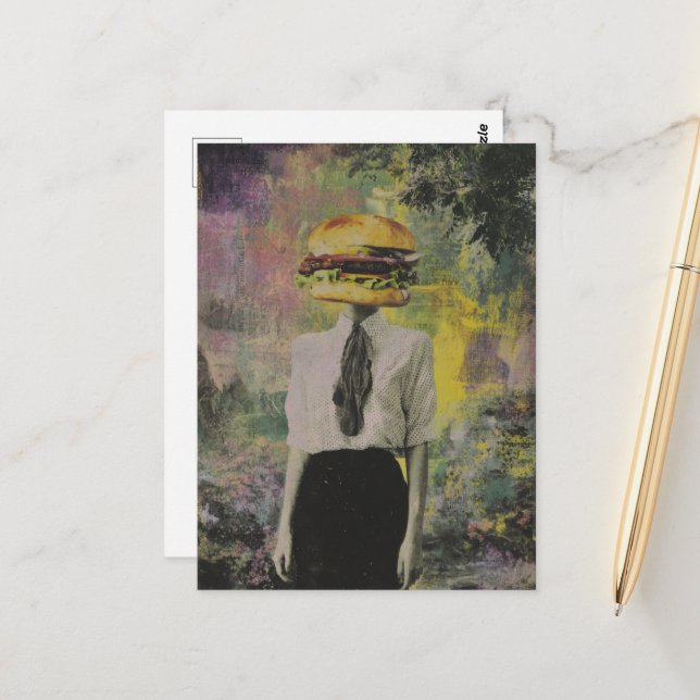 Surreal Unique Cheeseburger Woman Mixed Media Postcard (Front/Back In Situ)